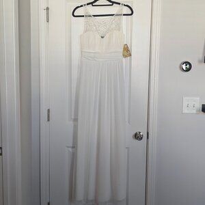 Trixxi Long White Dress with Sweetheart Neckline and beaded mesh detail